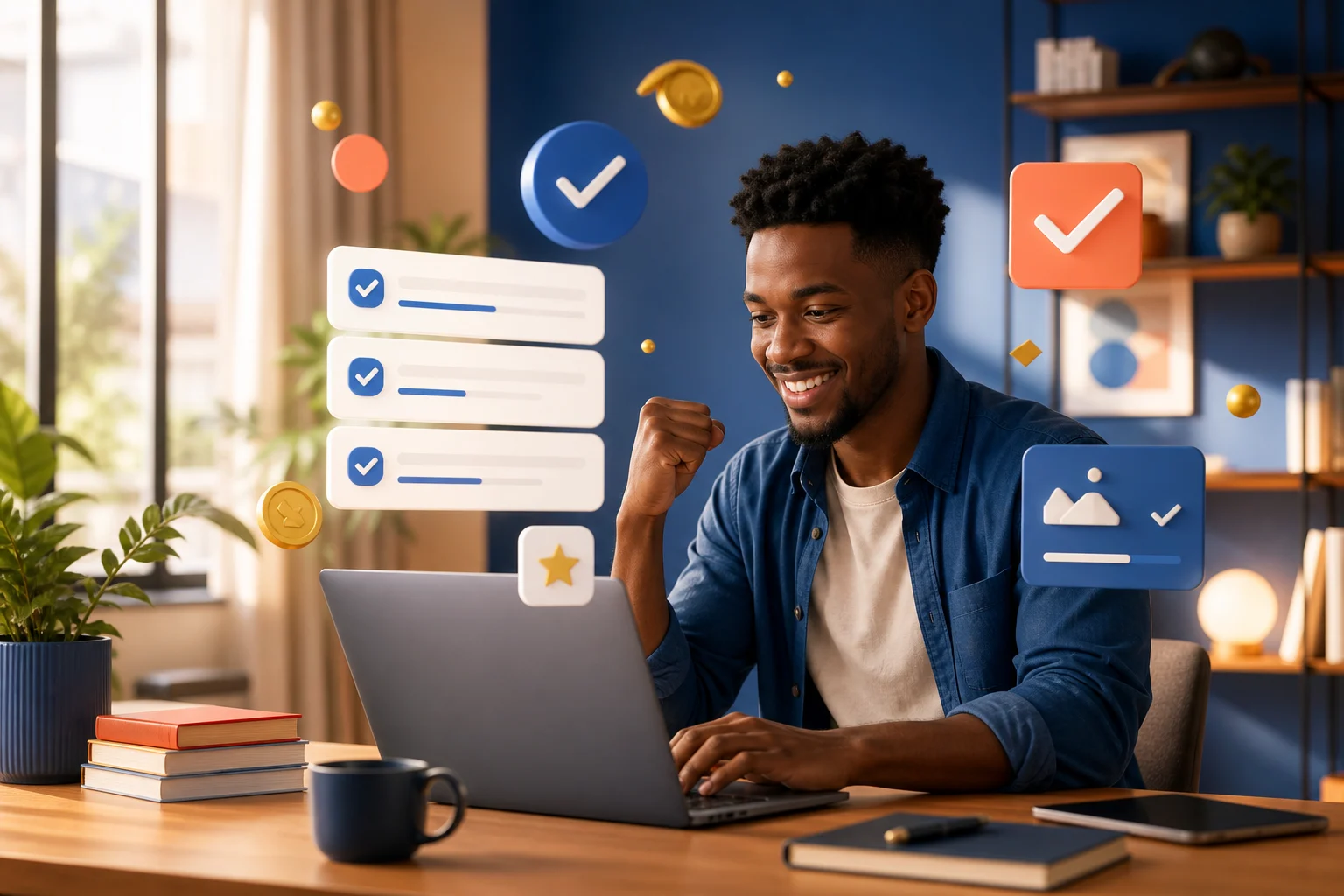 Creator completing online tasks from a home workspace